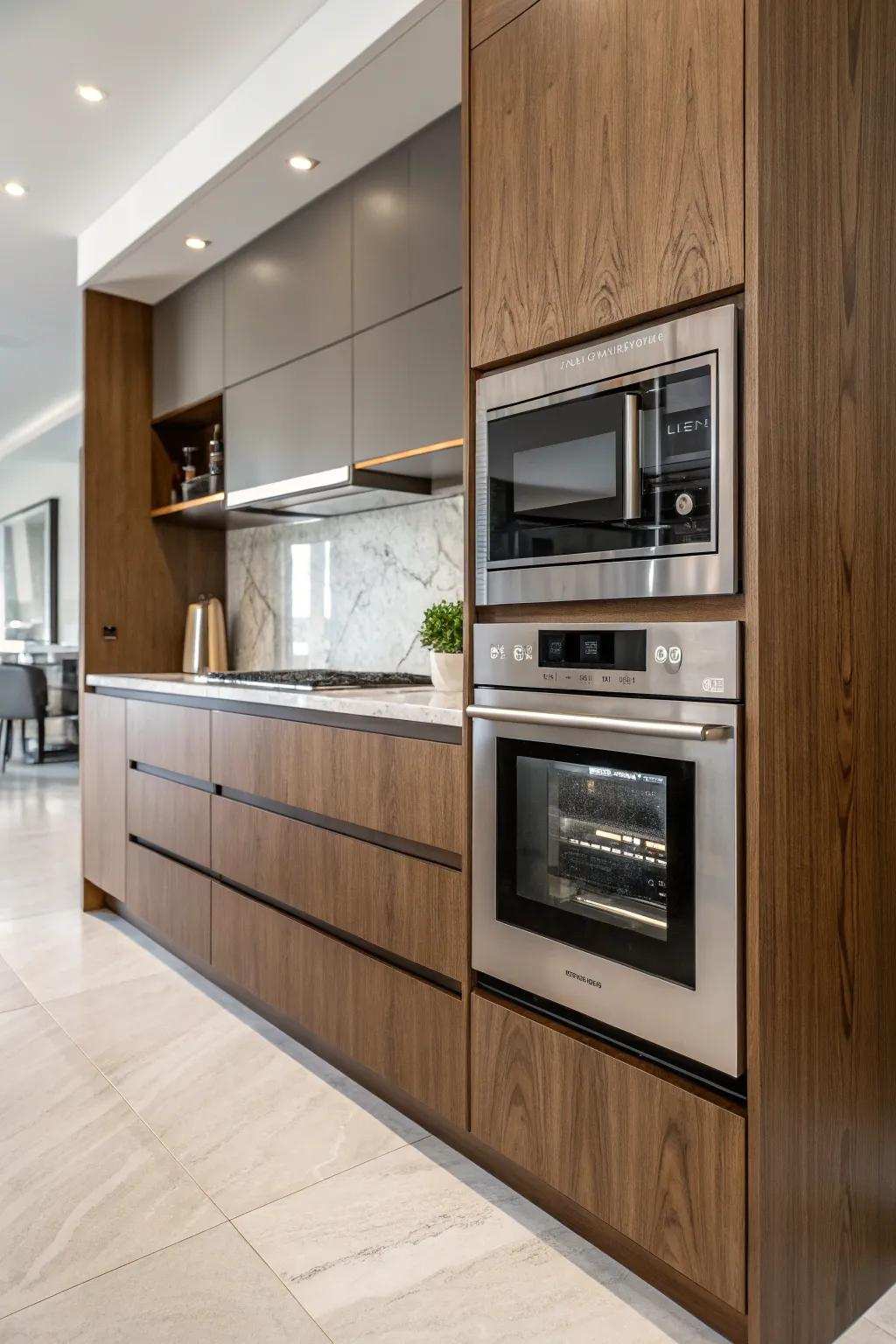 An integrated rapid food cooker presents a streamlined and elegant kitchen design.