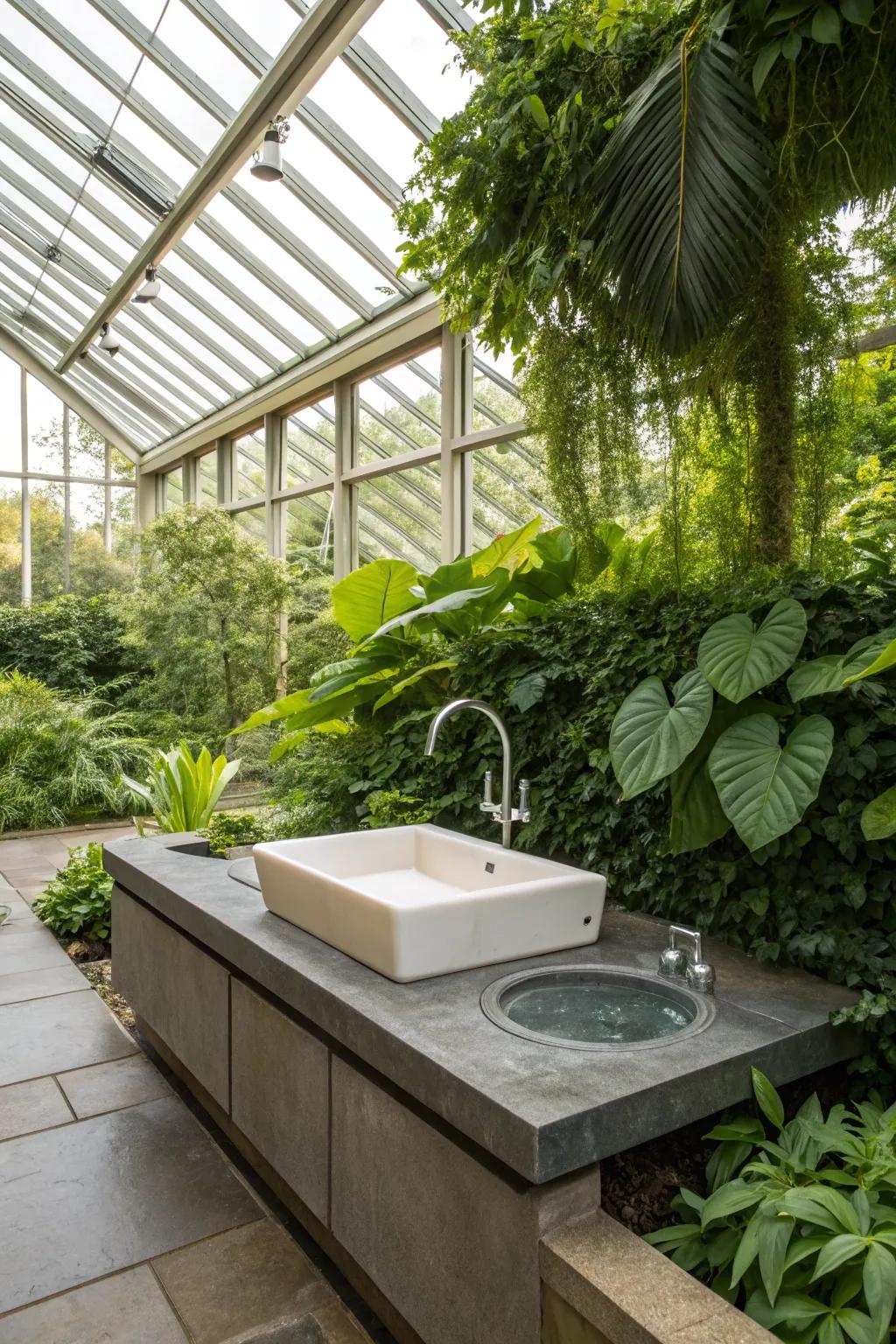 An integrated water decor feature that adds calmness to a greenhouse setting.