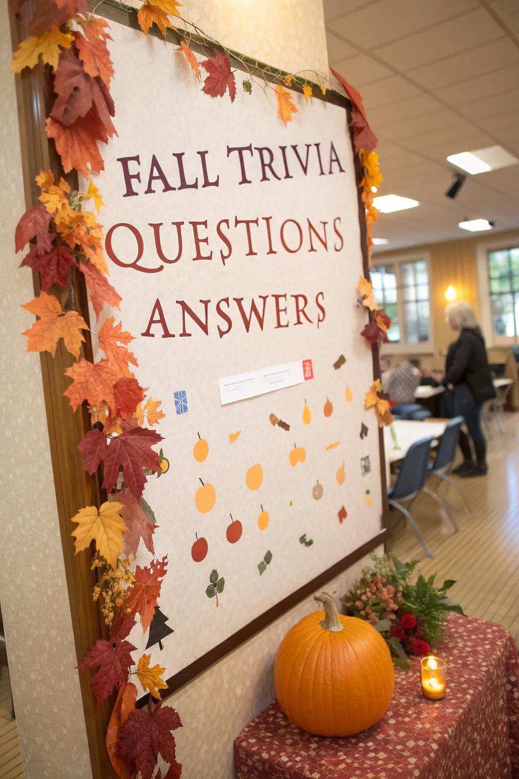 An interactive fall trivia board with questions and answers for team engagement.
