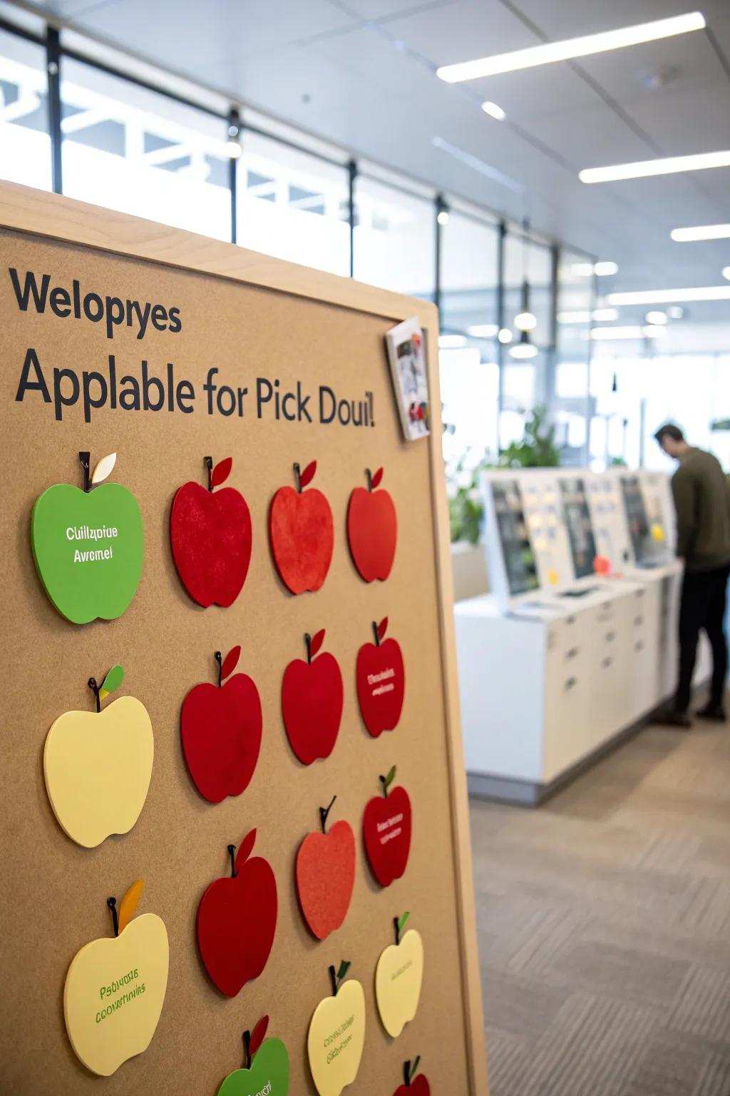 An interactive fruit-picking board with tasks hidden in fruit cutouts.