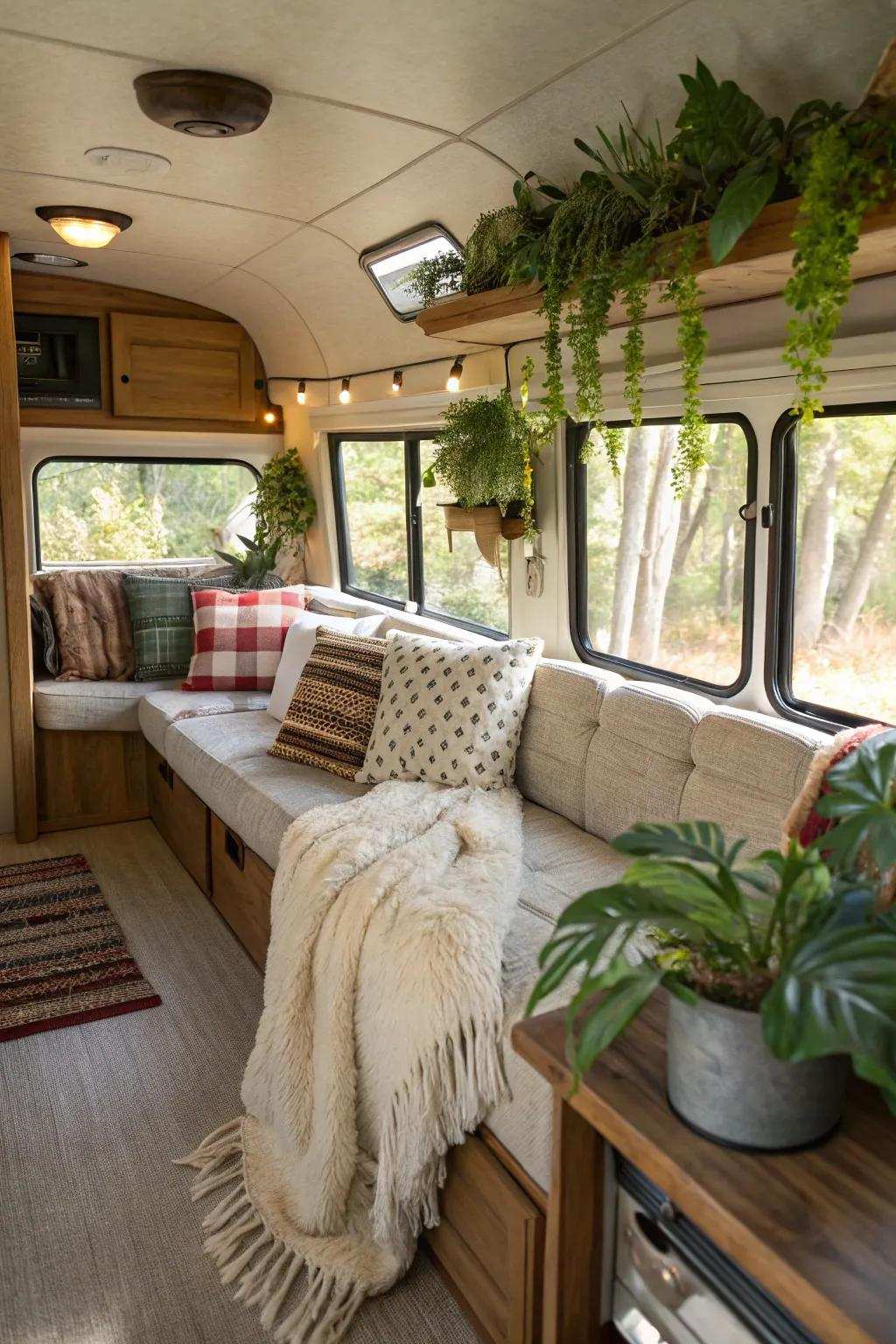 An intimate recreational vehicle living space featuring opulent padding, coverings, and verdant elements, thereby engendering a sentiment of homeliness.