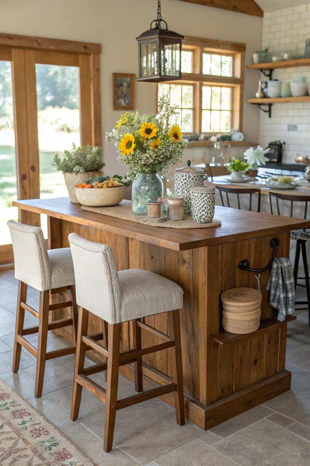 An inviting countryside kitchen island equipped with high stools for extra seating.