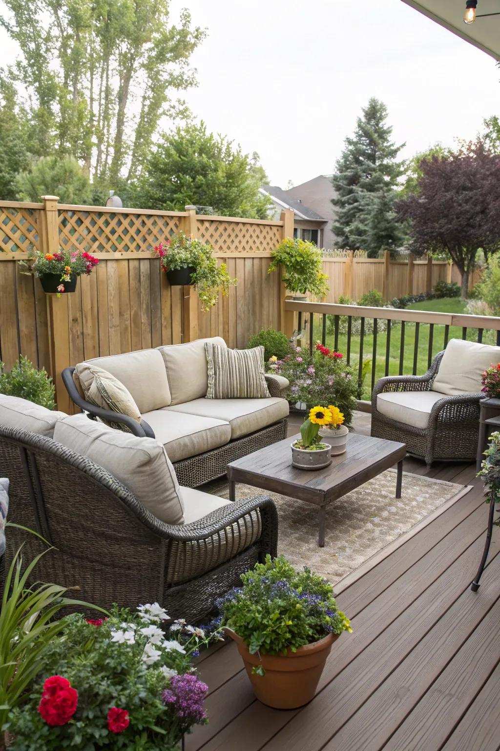 An inviting deck with comfortable seating and greenery for the ultimate relaxation experience.