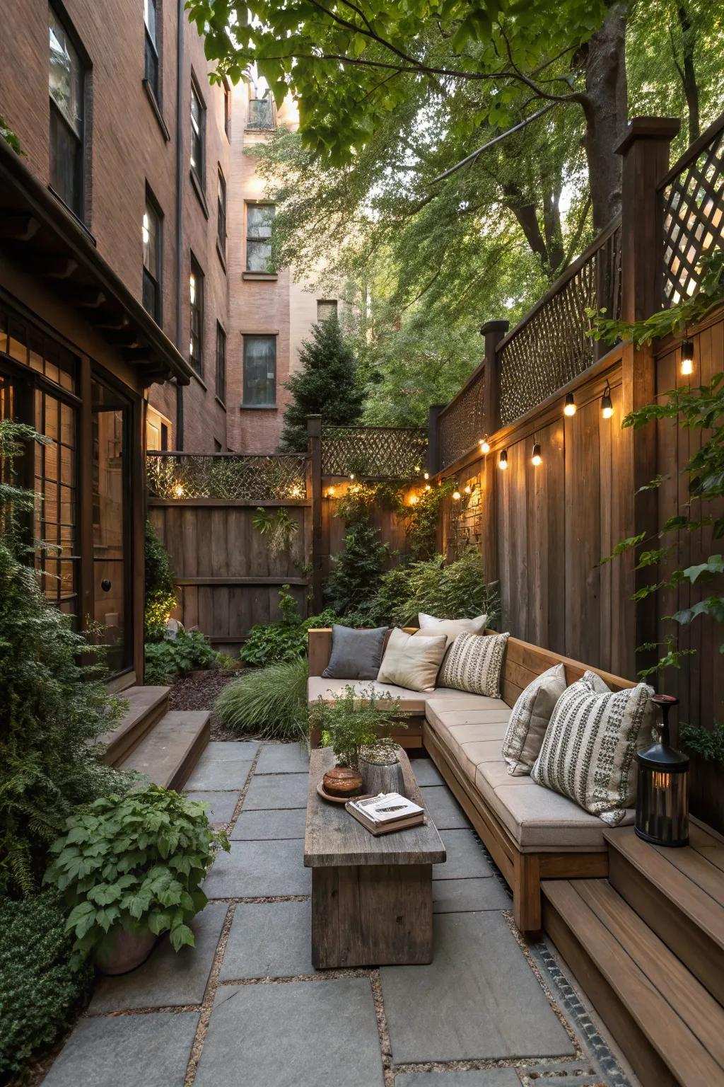 An inviting seating area provides a relaxing sanctuary in this townhouse backyard.