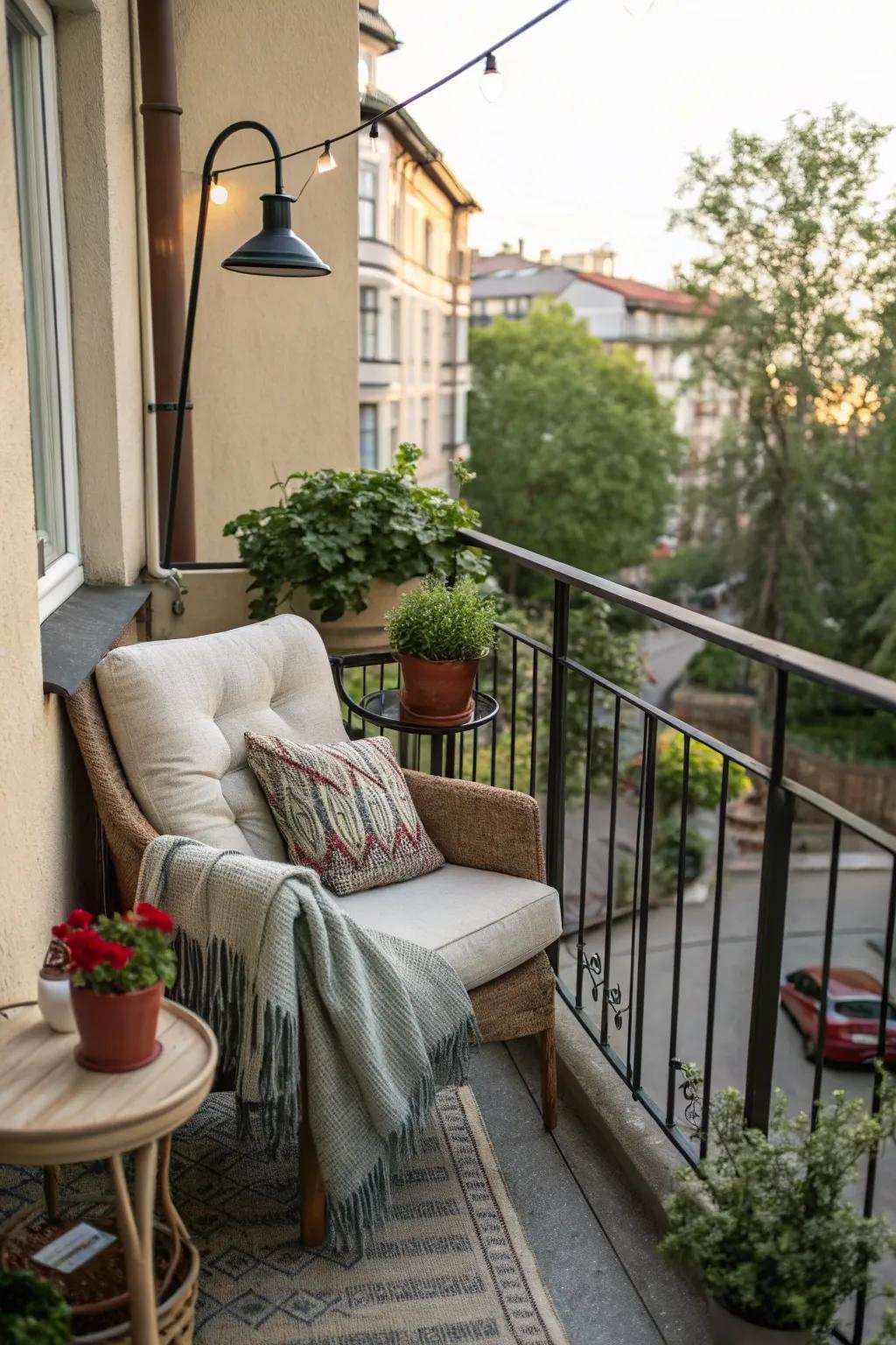 An inviting seating spot with soft textiles encourages relaxation on your balcony.