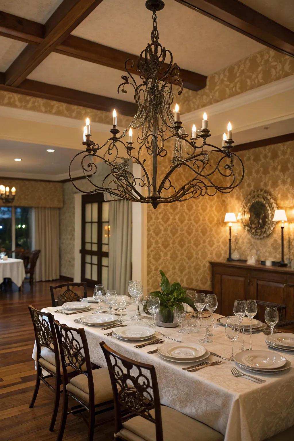 An iron light fixture establishes a dramatic focal point.