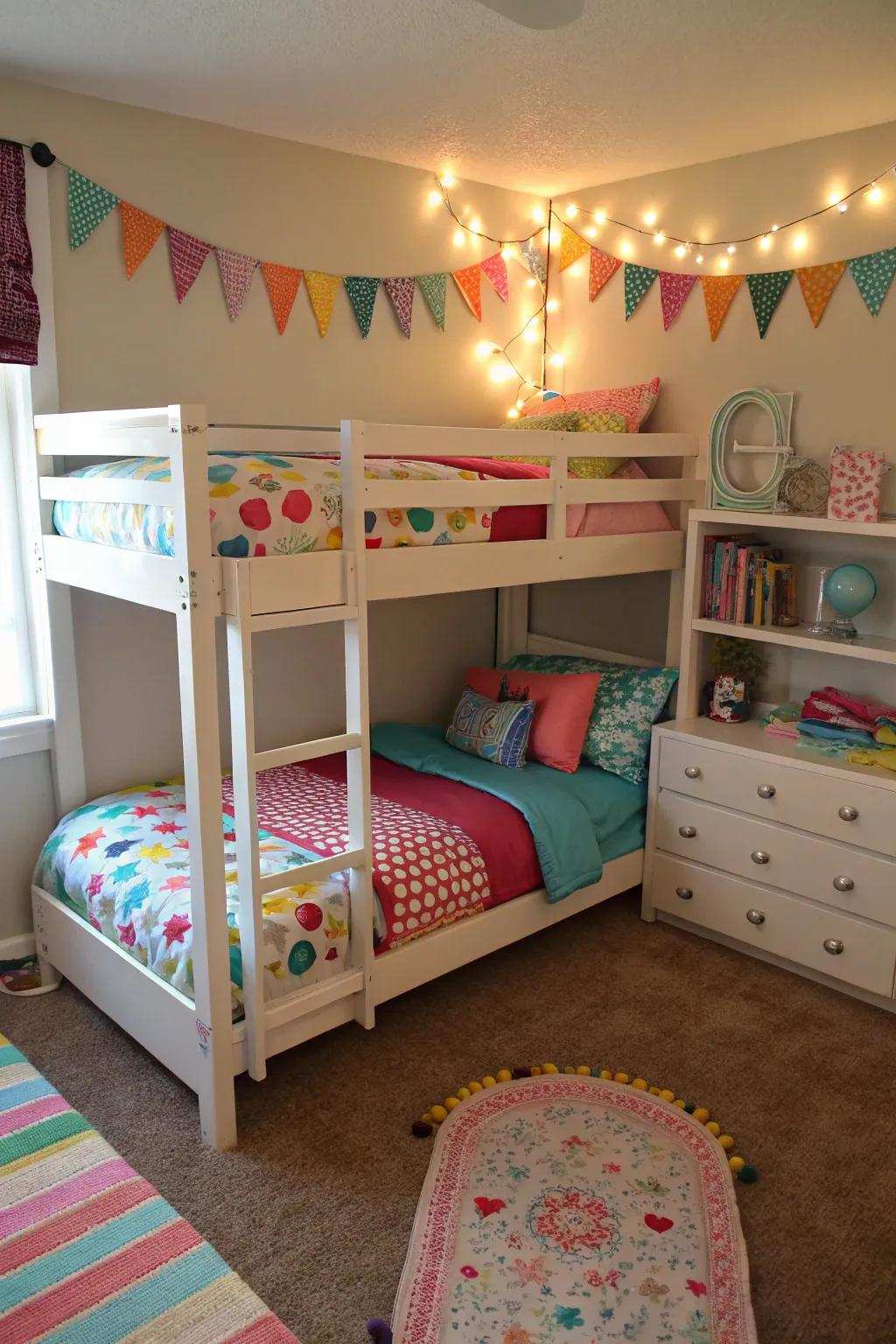 An L-shaped triple bunk bed designed to maximize corner space efficiency.