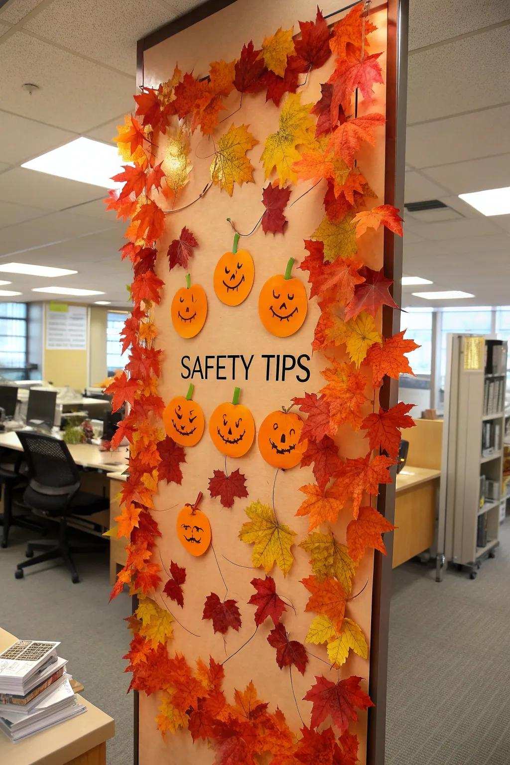 An office notice board featuring autumn-themed safety tips using gourd cutouts.
