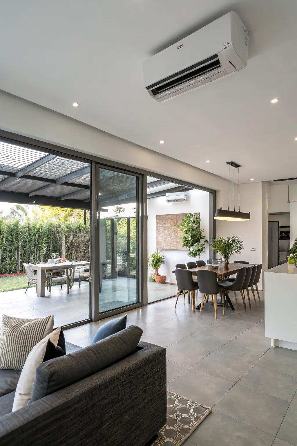 An open living area with a duct-free split system for effective heating and cooling.