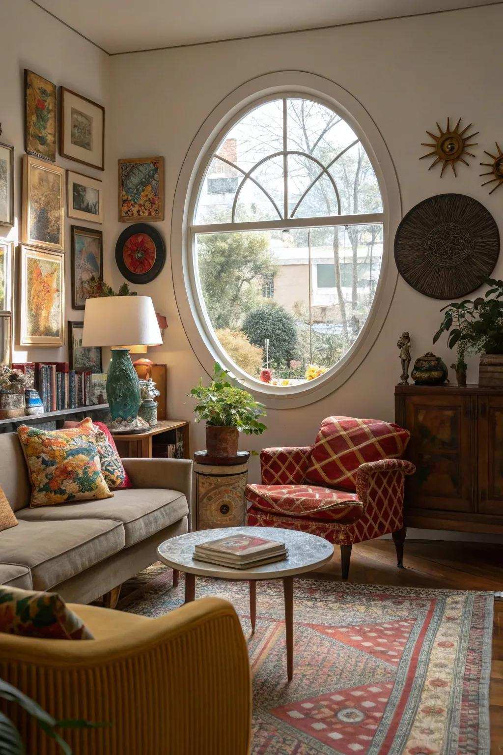 An orbital window contributes a hint of playfulness to this eclectic living space.