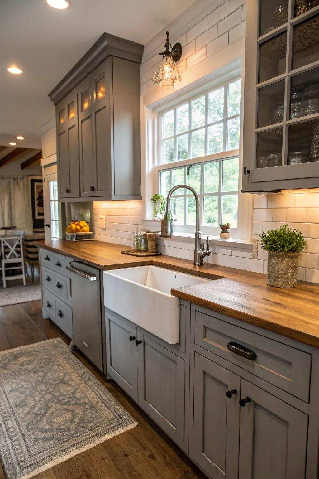 An ornate basin introduces charm and functionality to gray cabinets.