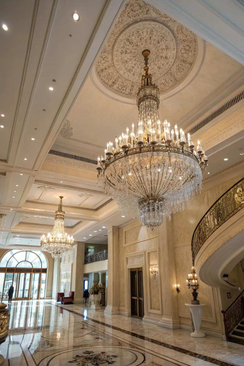 An ornate suspended light fixture illuminates a grand entryway, infusing refinement and warmth.