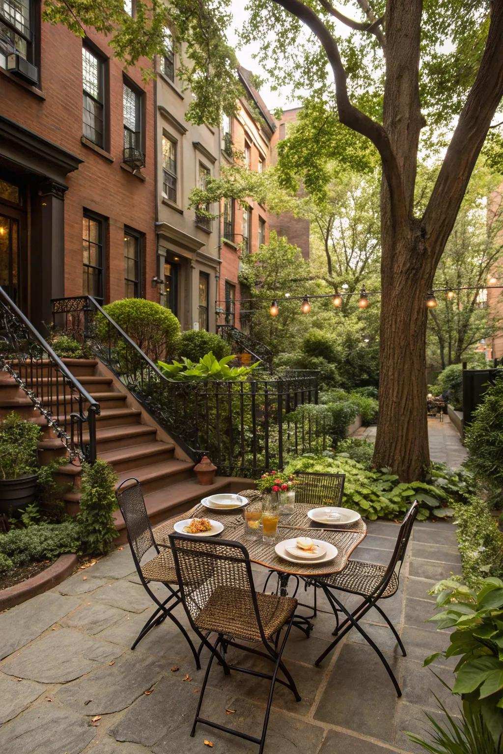 An outdoor dining space offers a perfect setting for meals under the stars.
