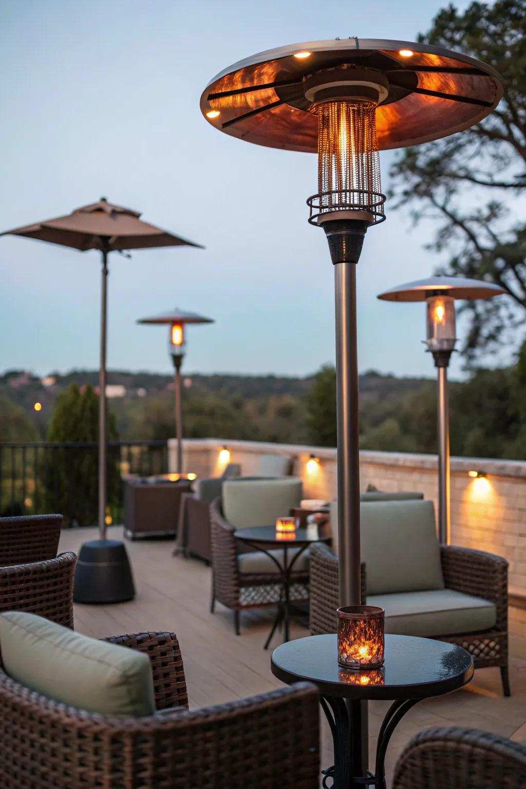 An outdoor patio with heat beams.