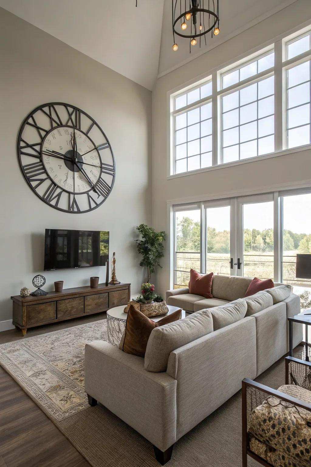 An oversized wall clock creates a bold statement in a contemporary living room.