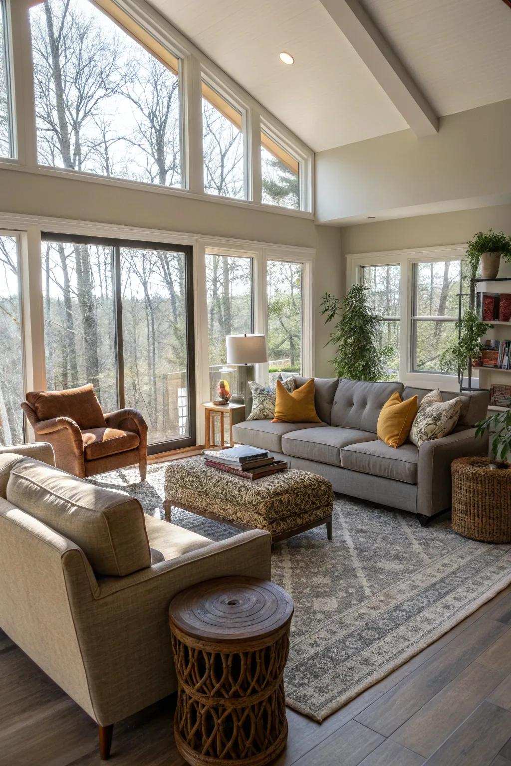 An unconventional layout introducing interest and character to the living room.