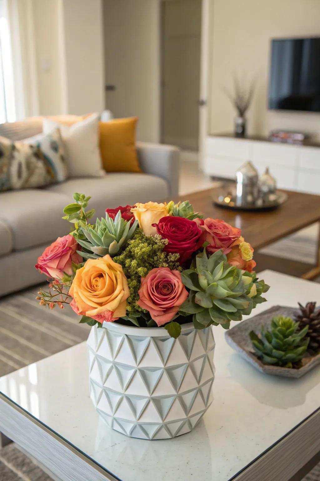 An unconventional pairing of roses and succulents.