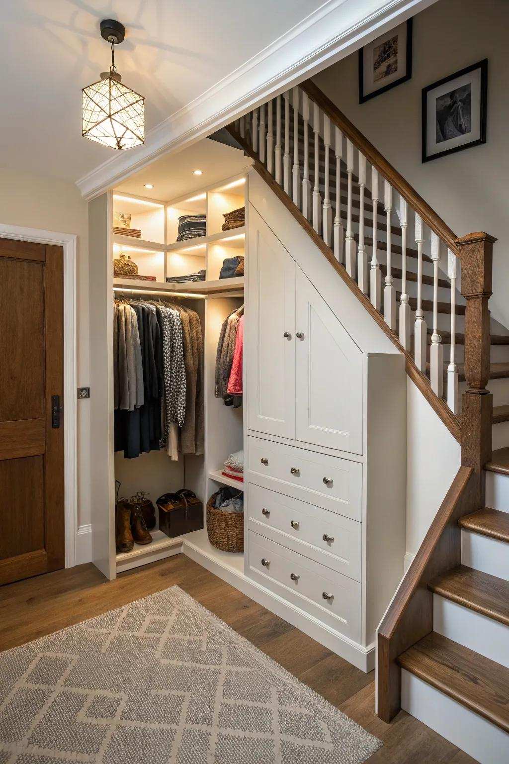 An under-stair closet that shrewdly utilizes area in a compact abode.