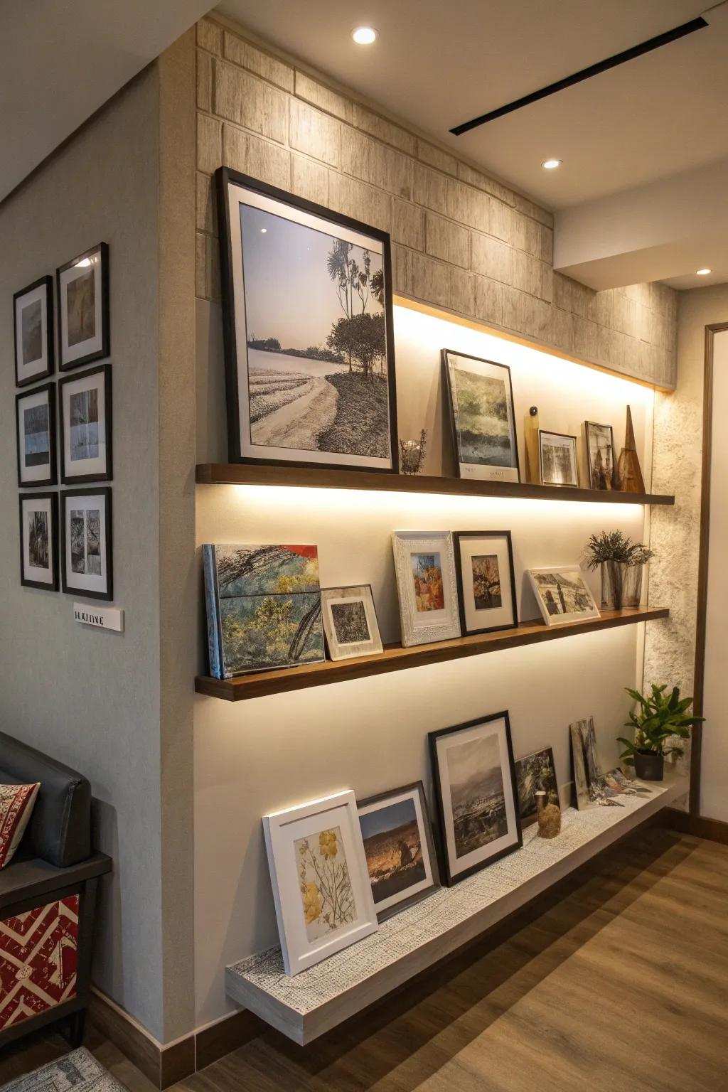 An unexpected corner display ledge transforms into an artistic focal point.
