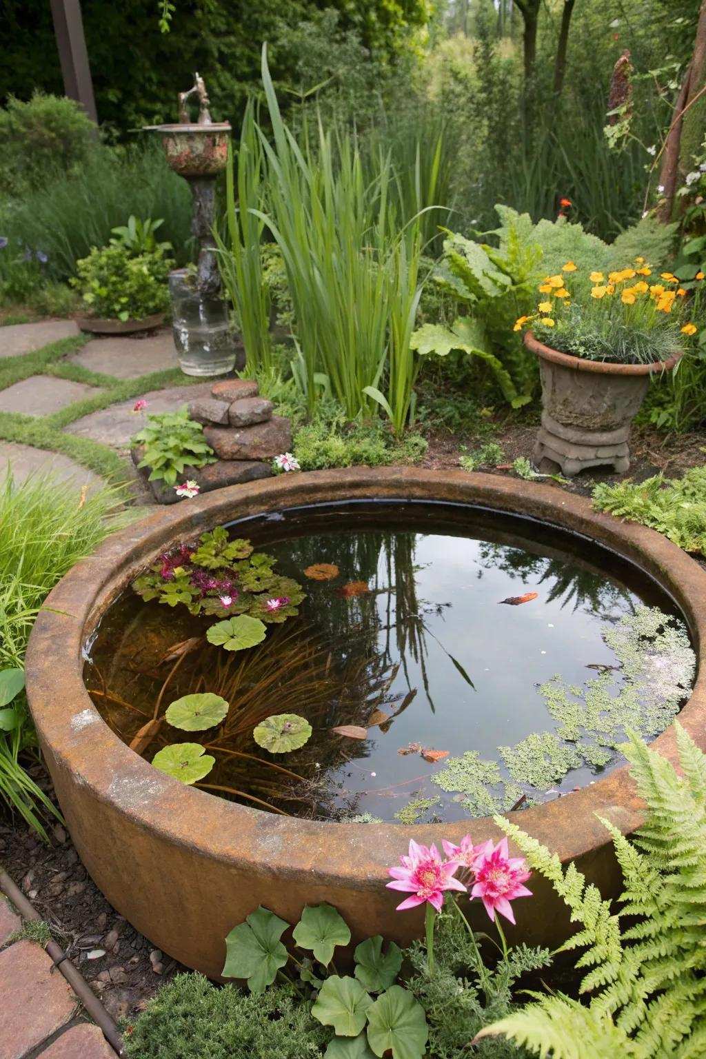 An unrefined fire circle rim turned into a unique mini pond.