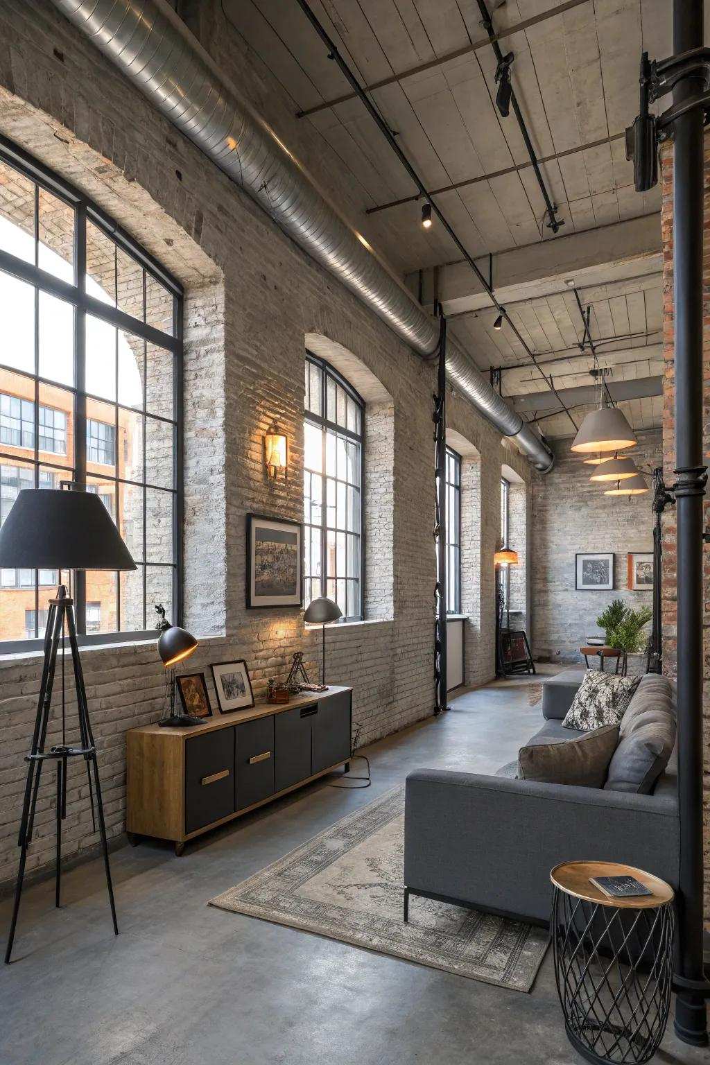 An urban loft showcasing industrial charm through its gray-washed brick wall.