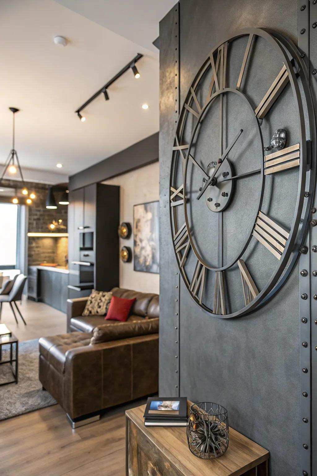 An urban-style wall clock introduces a cool city vibe to the living room.