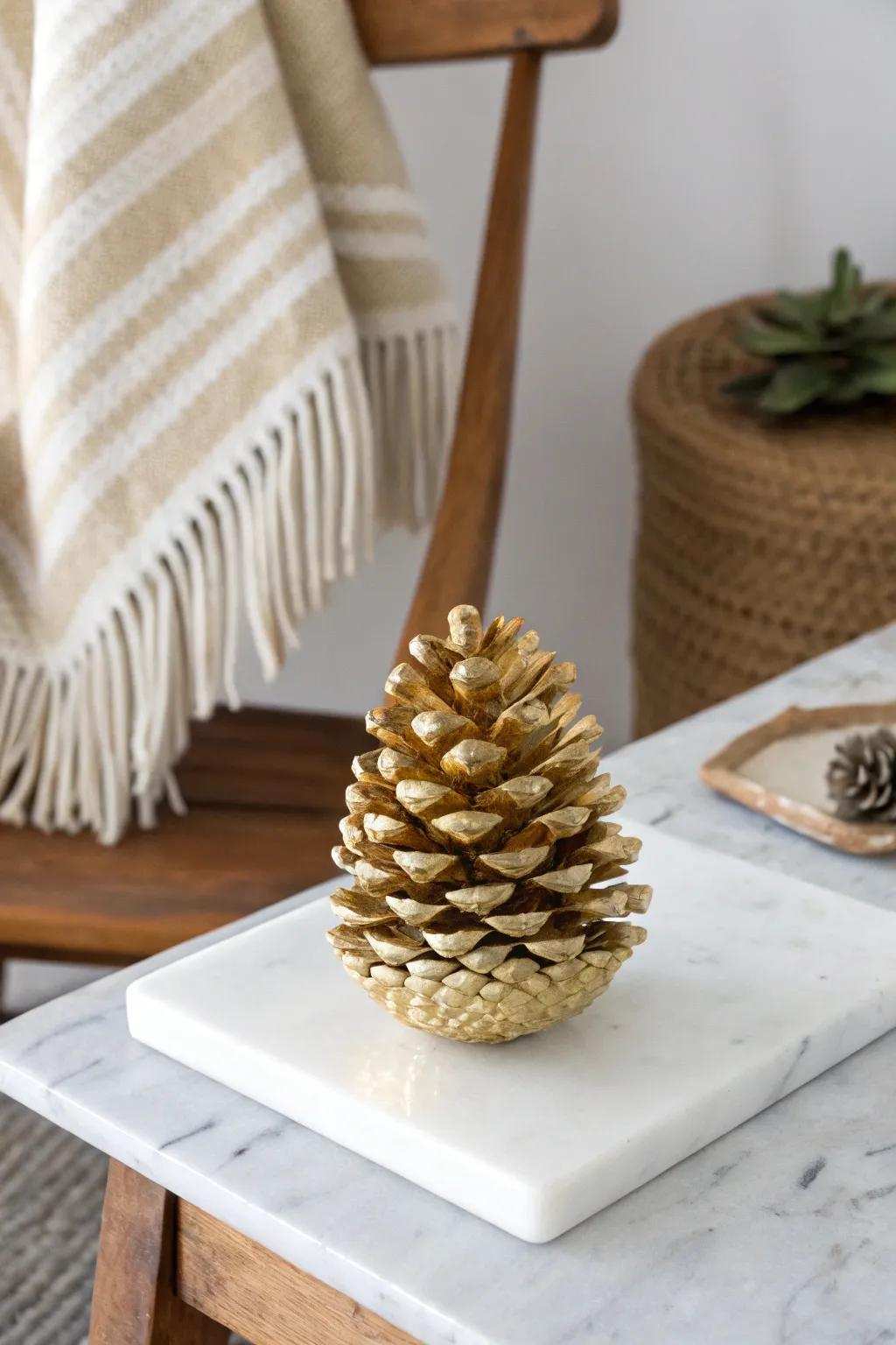 Appreciate nature's grace with this striking gold conifer cone, a seamless blend of minimalism and Boho appeal for your holiday decor.