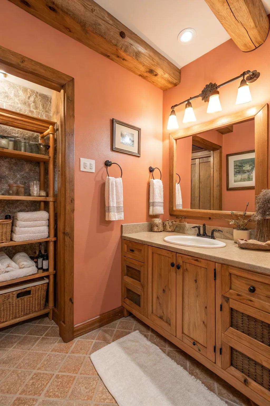 Apricot tones infuse warmth and liveliness into the bathroom space.