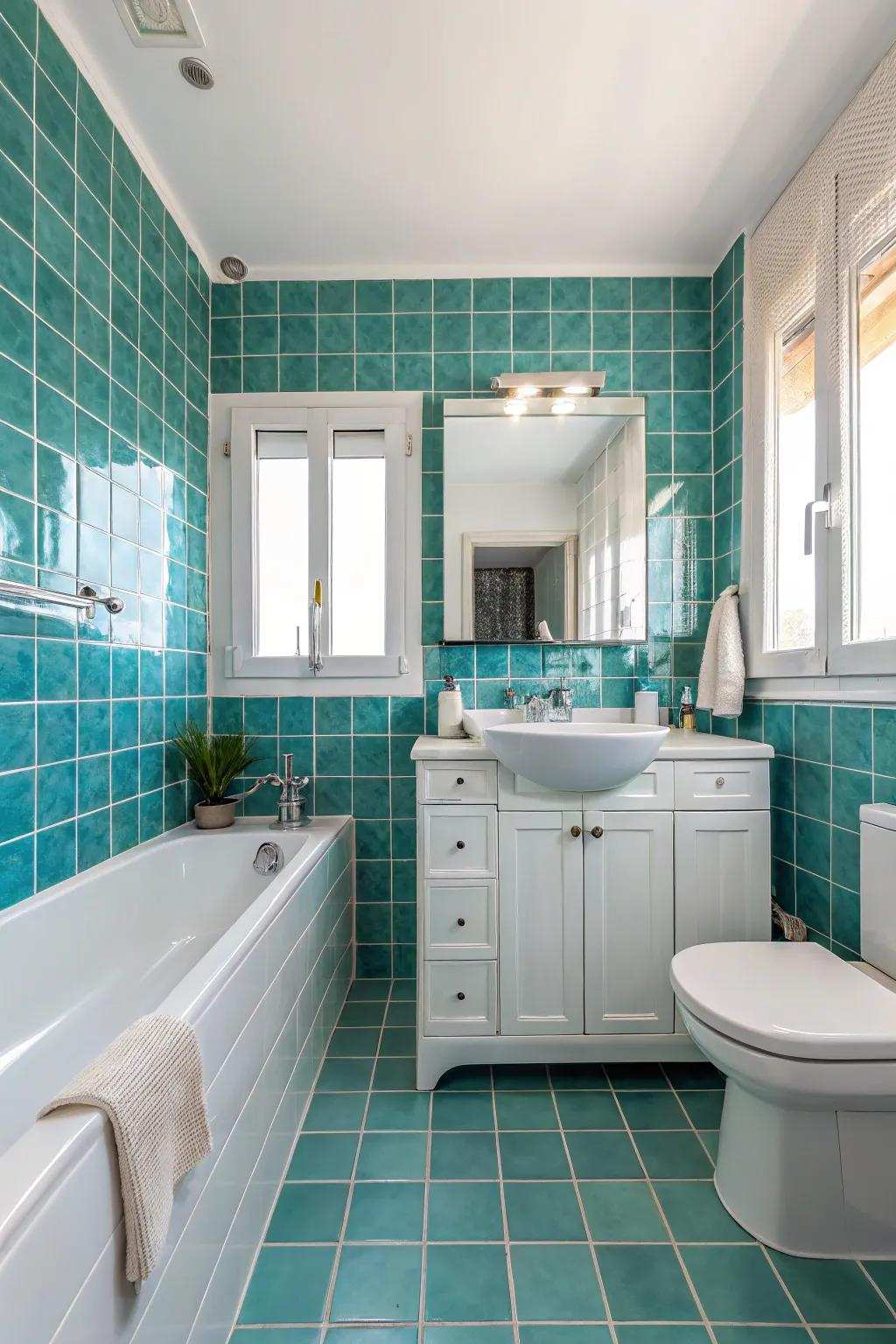 Aqua and white combine to create a light and spacious atmosphere.