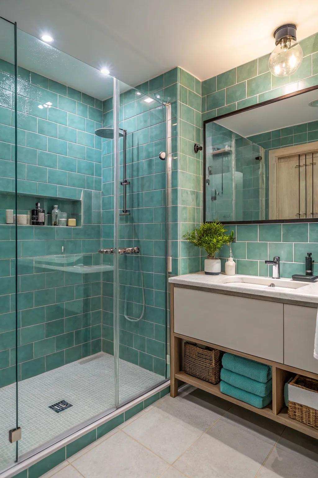 Aqua bricks and contemporary fixtures transform your bathroom into a spa retreat.