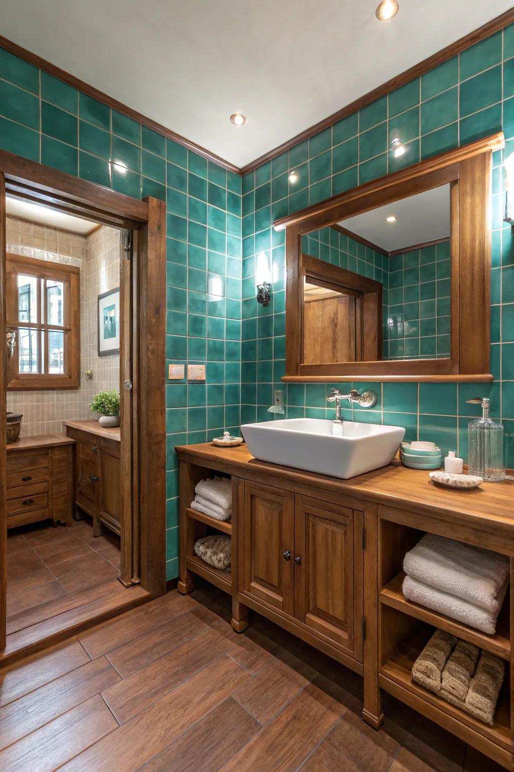 Aqua bricks and wood tones combine for a rustic yet contemporary feel.