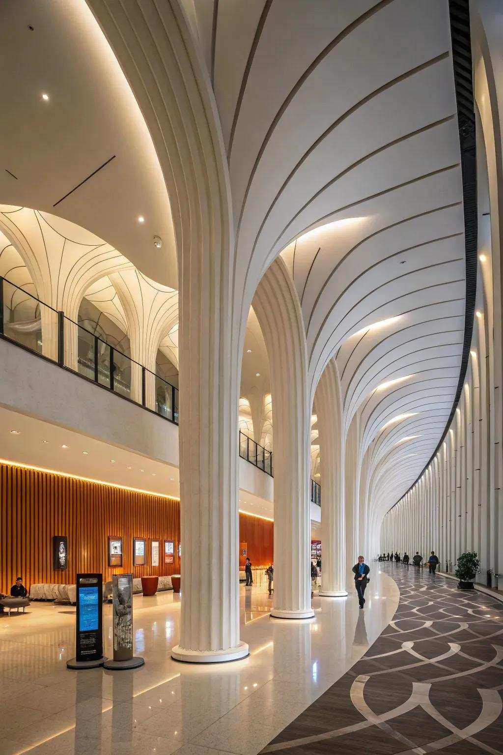 Arched columns introducing a dynamic flow to a modern interior.