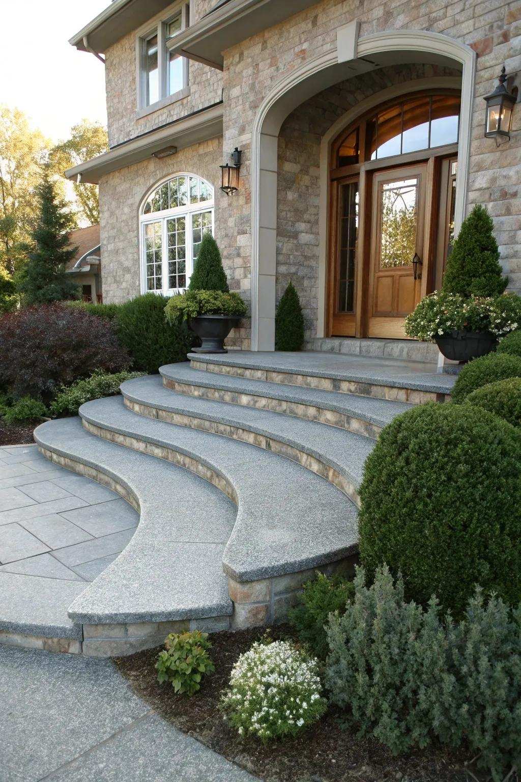 Arched stone steps provide an elegant entrance.