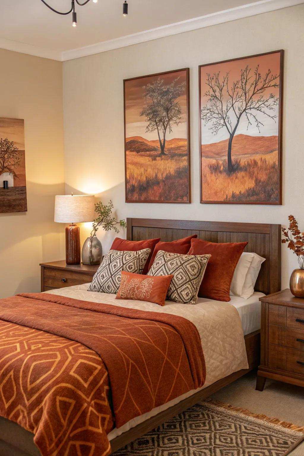 Arranged art pieces evoke a personalized gallery-like atmosphere.
