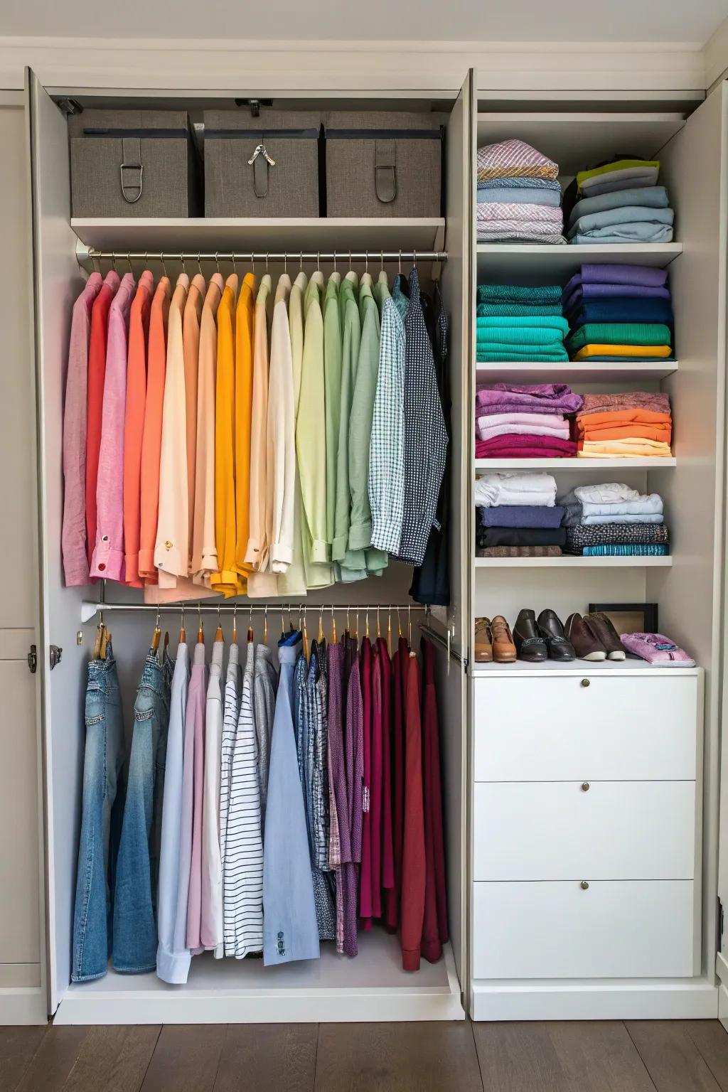 Arranging by color brings harmony and structure to your closet.