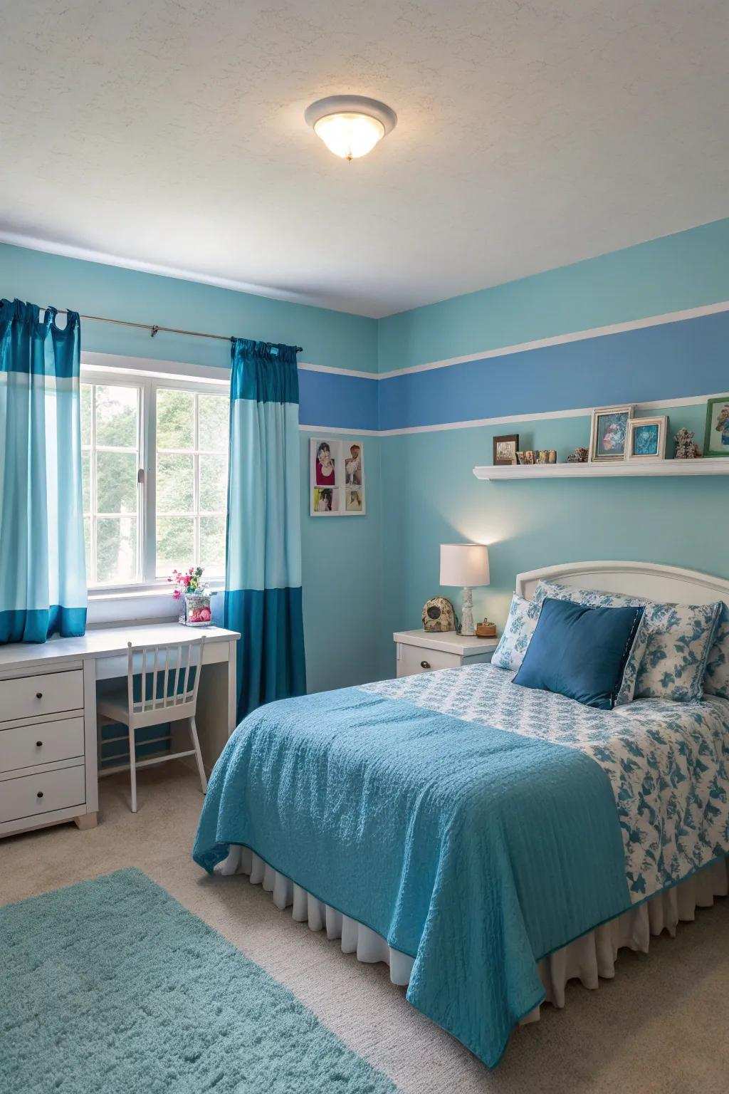 Arranging shades of blue contributes depth and visual appeal to a girl's bedroom.