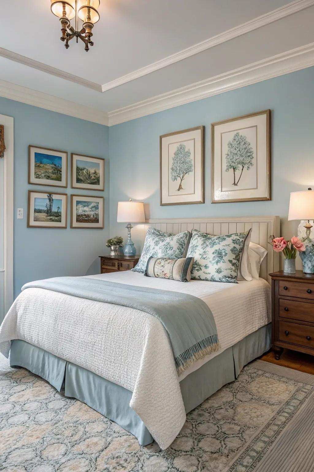 Art adds a personal touch to a serene azure bedroom.