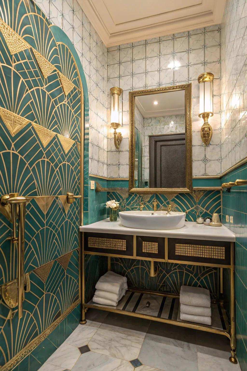 Art Deco elements combined with aqua bricks for a glamorous look.
