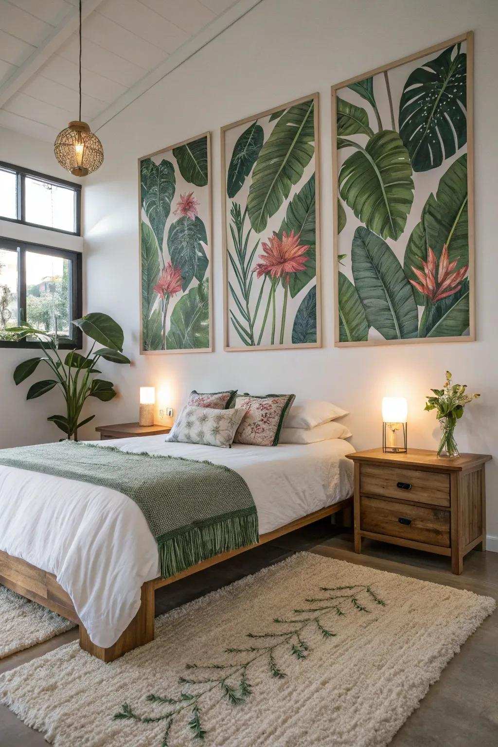 Art inspired by nature links your bedroom to the calmness of the outdoors.