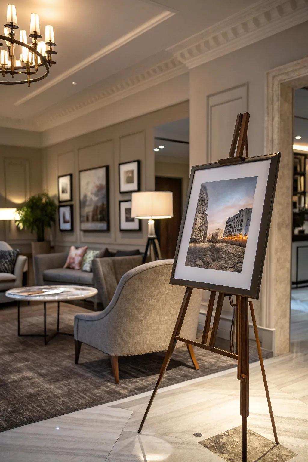 Art pieces presented on stands creating an elegant gallery vibe in the home.