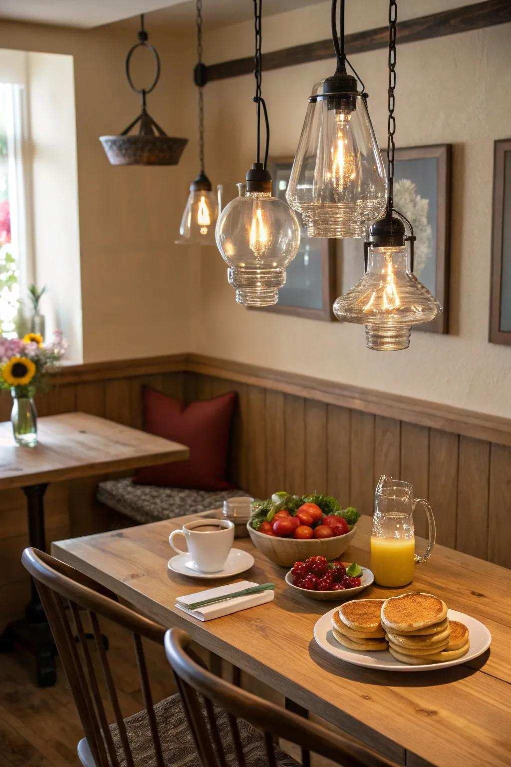 Artisan glass fixtures as the centerpiece of a breakfast nook.