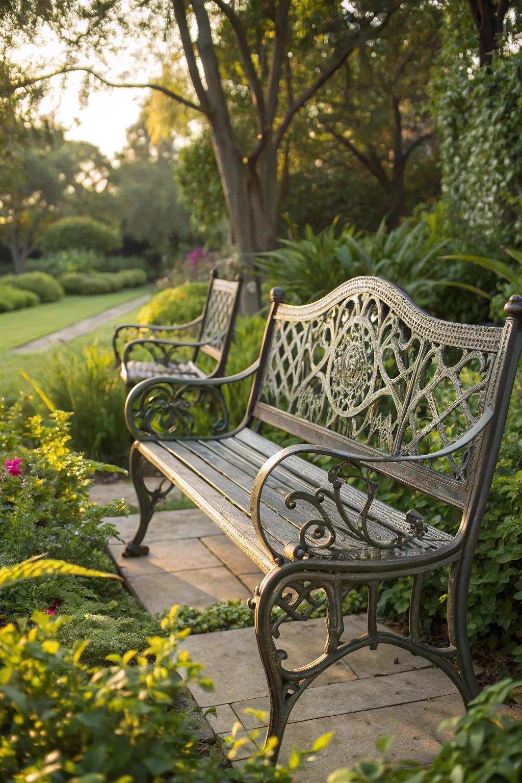 Artisanal Elegance: An Exquisite Metallic Bench for Your Outdoor Retreat