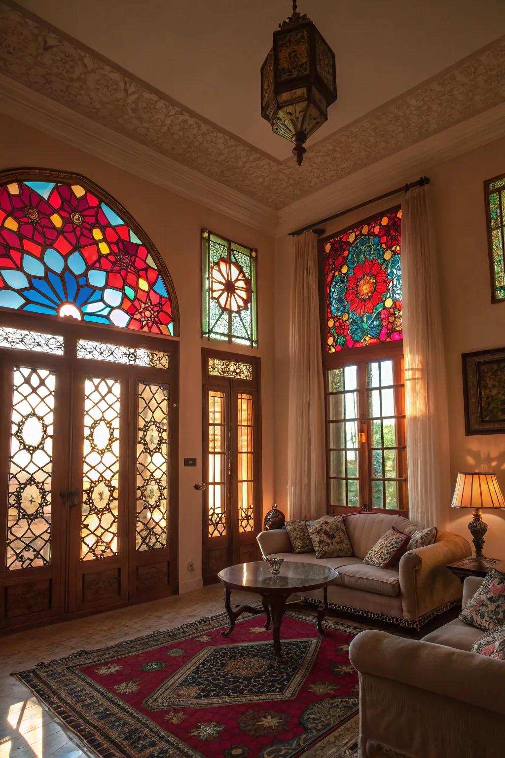 Artisanal glass windows introduce a surge of color and artistic allure to this living space.