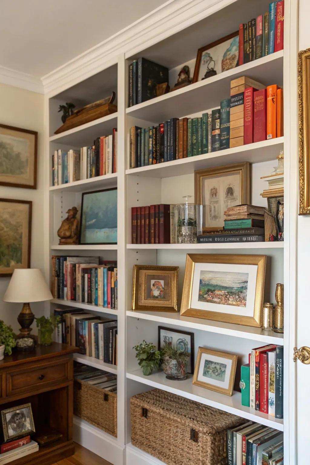 Artistic creations enrich your living room bookshelves with a personal element.