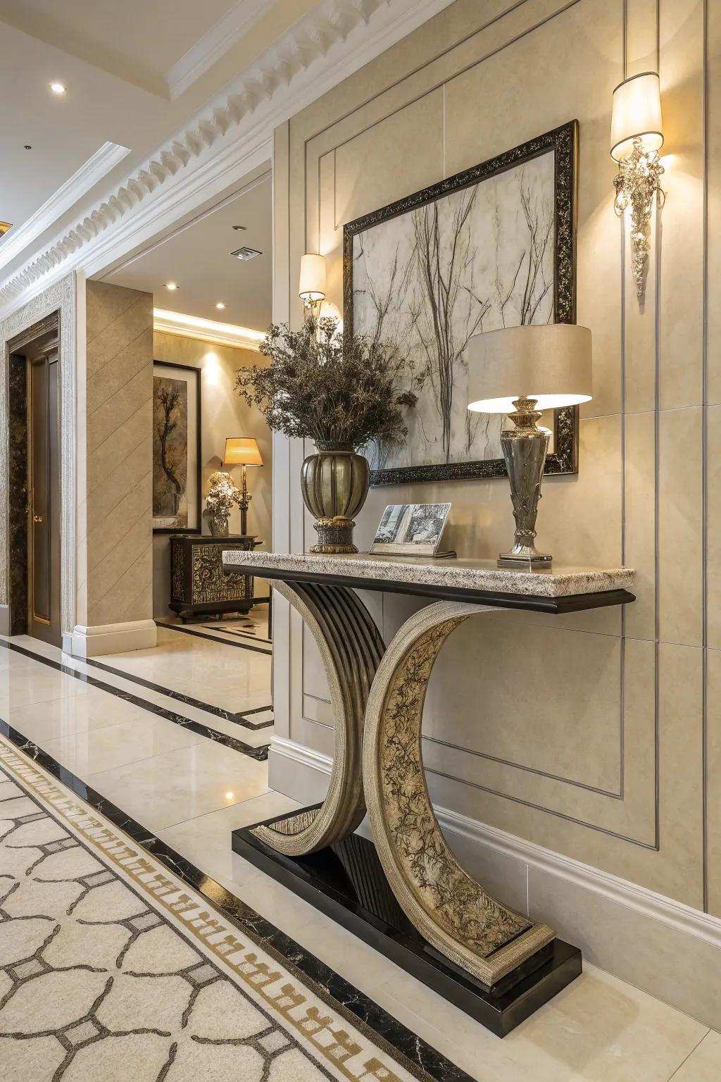 Artistic entryway table generating an impactful first impression