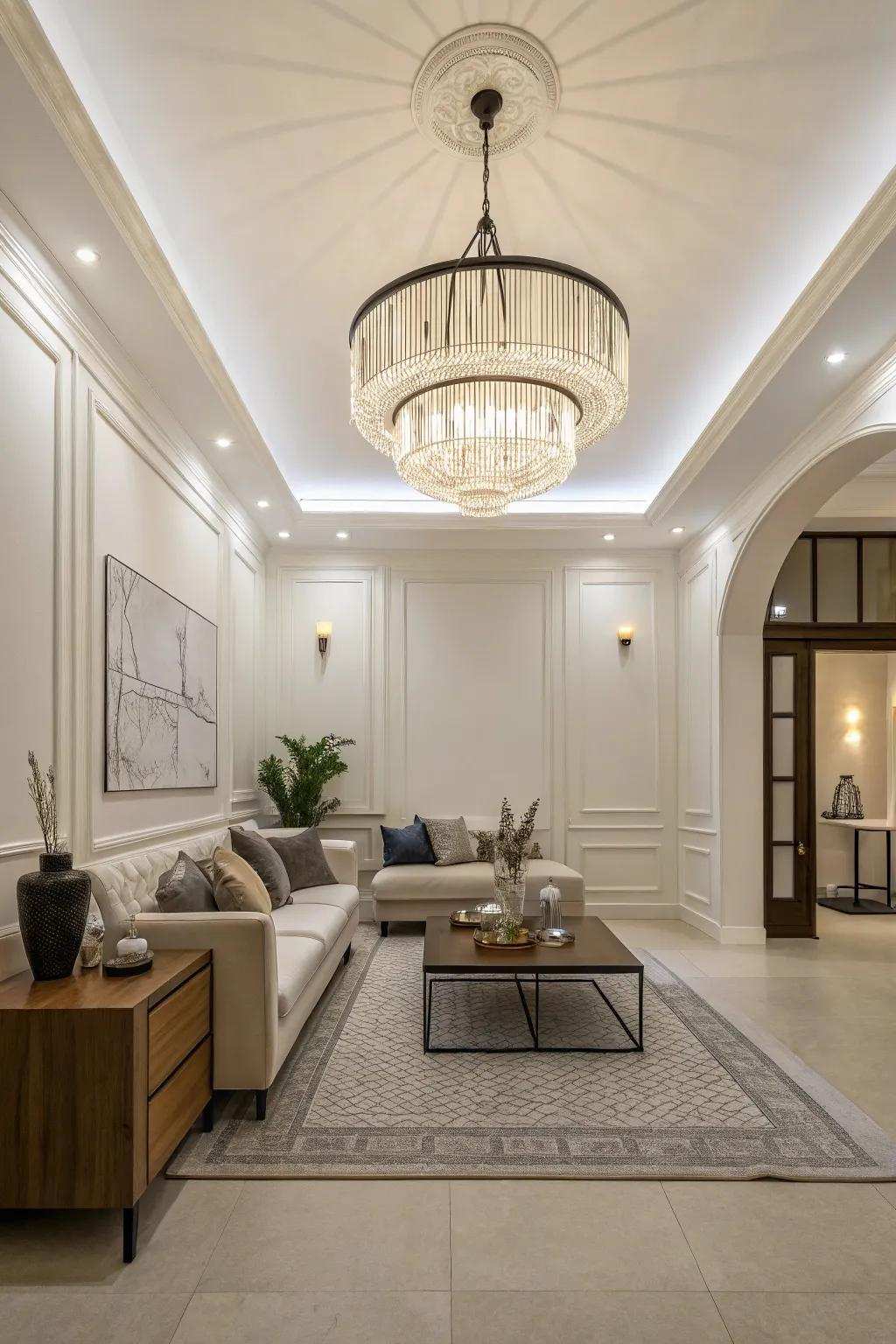 Artistic light installations function as ornamental décor in minimalist living spaces.