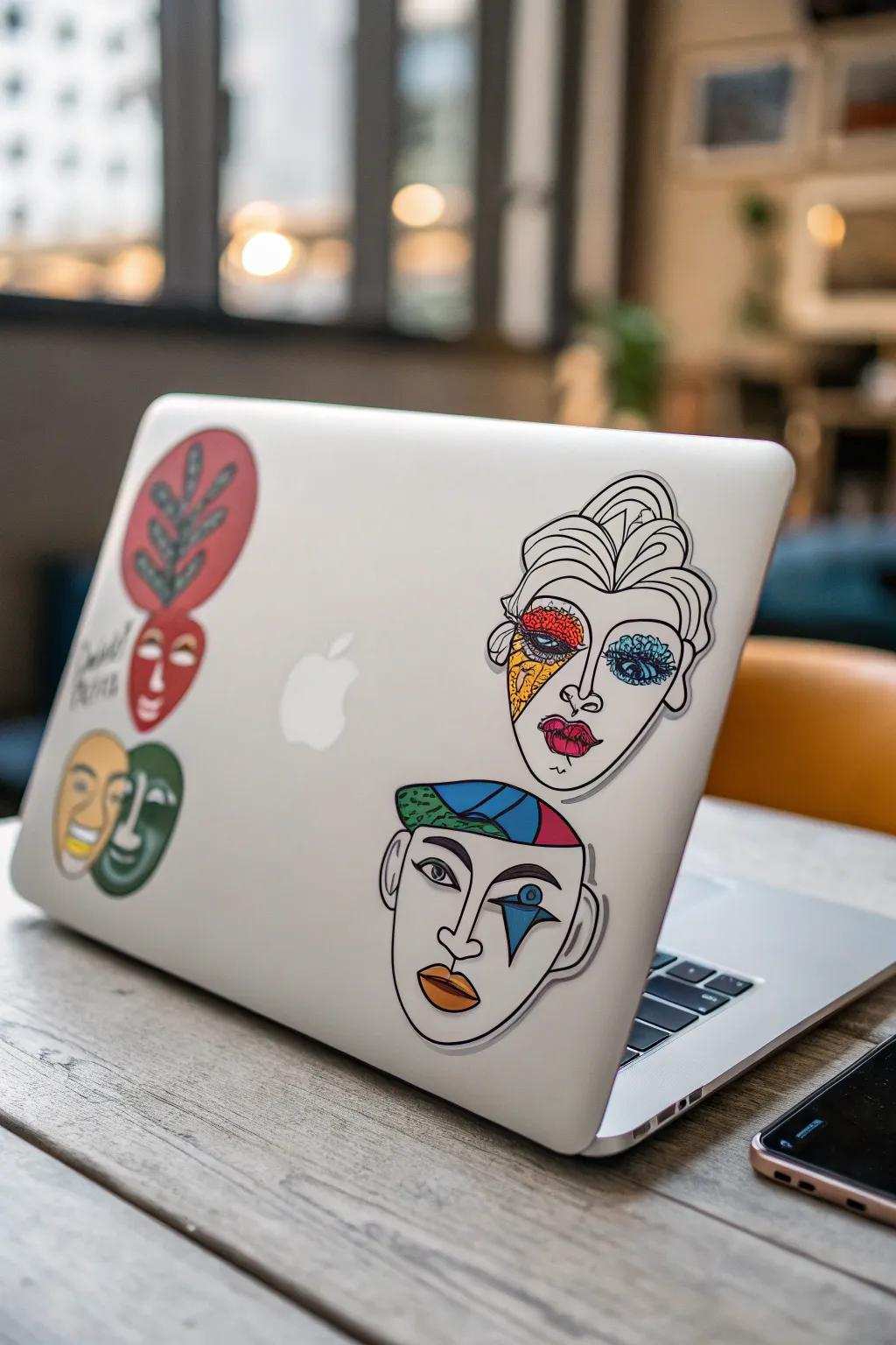 Artistic visage stickers converting a laptop into a fashion forward piece.