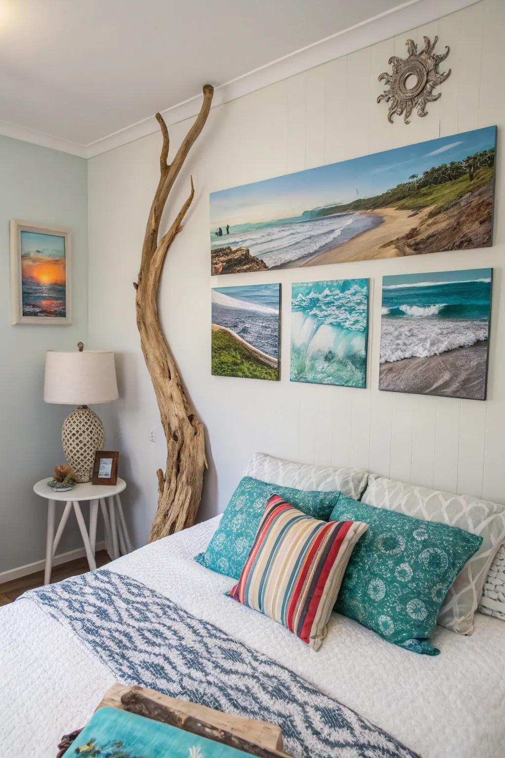 Artwork reflecting the beach draws the essence of the ocean indoors.
