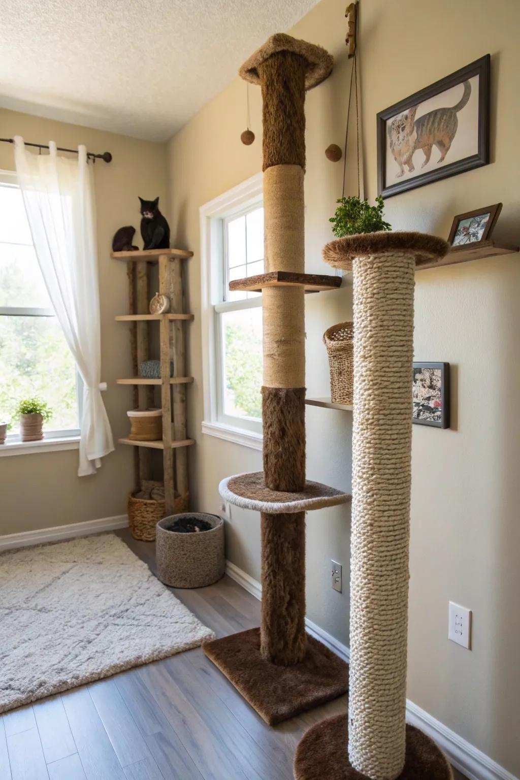 Ascending poles offer a pleasurable and practical scratch zone.