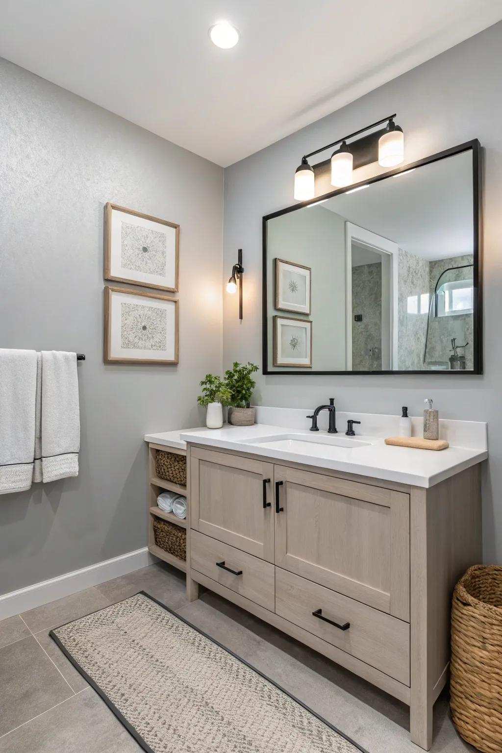Ash walls offer a calm and versatile bathroom setting.